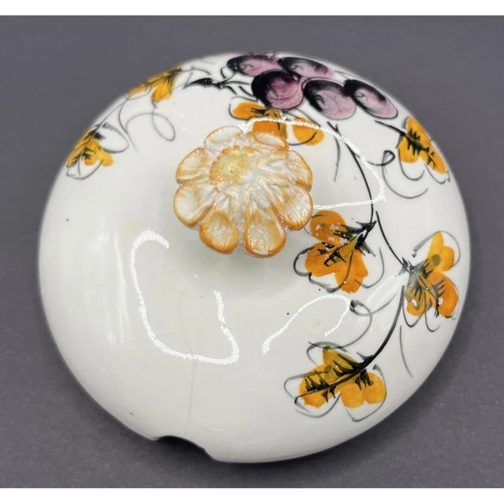 Vtg Italian Apple Shaped Covered Bowl & Saucer Hand Painted Mid-Century